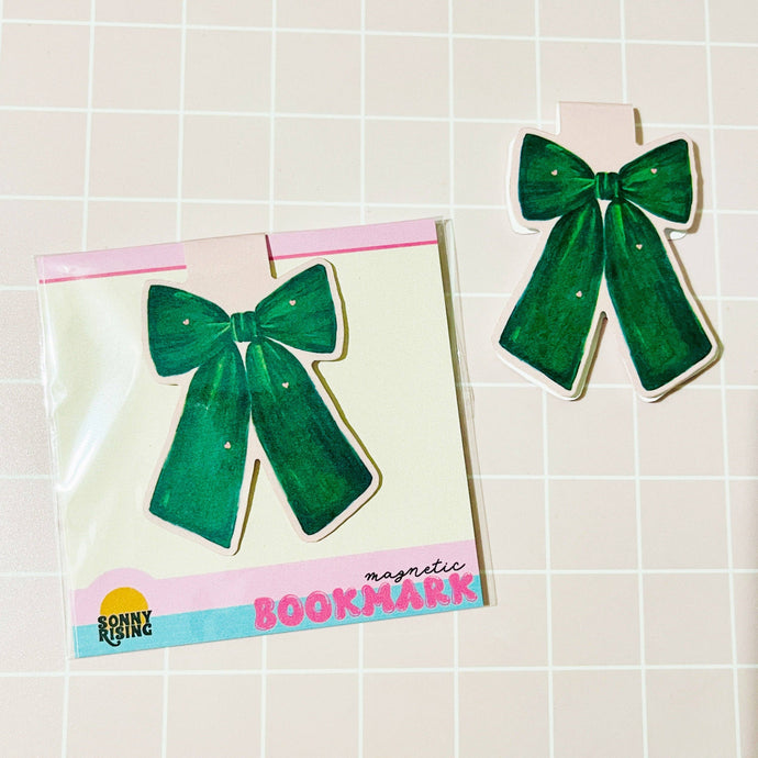 Green Bow with Pink Hearts Magnetic Bookmark