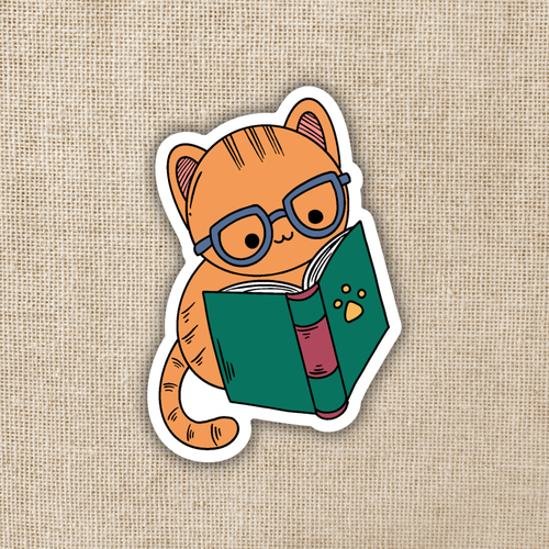 Cat with Glasses Reading Sticker